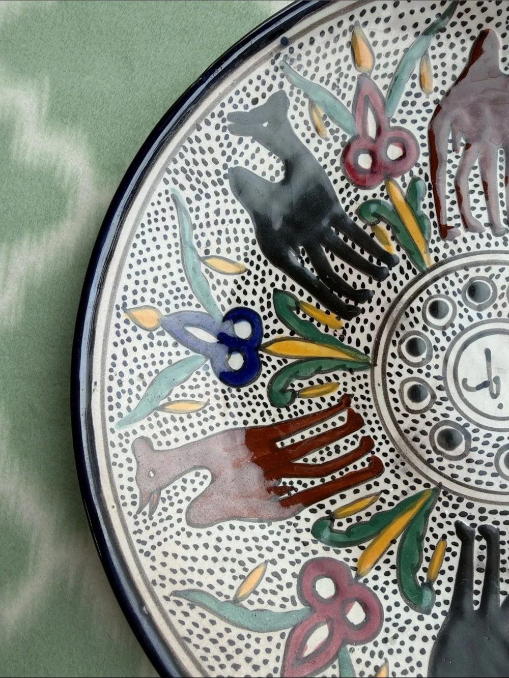 11.5” Vintage Hand-Painted Ceramic Arabic Decor Plate-Black Brown Blue Green red